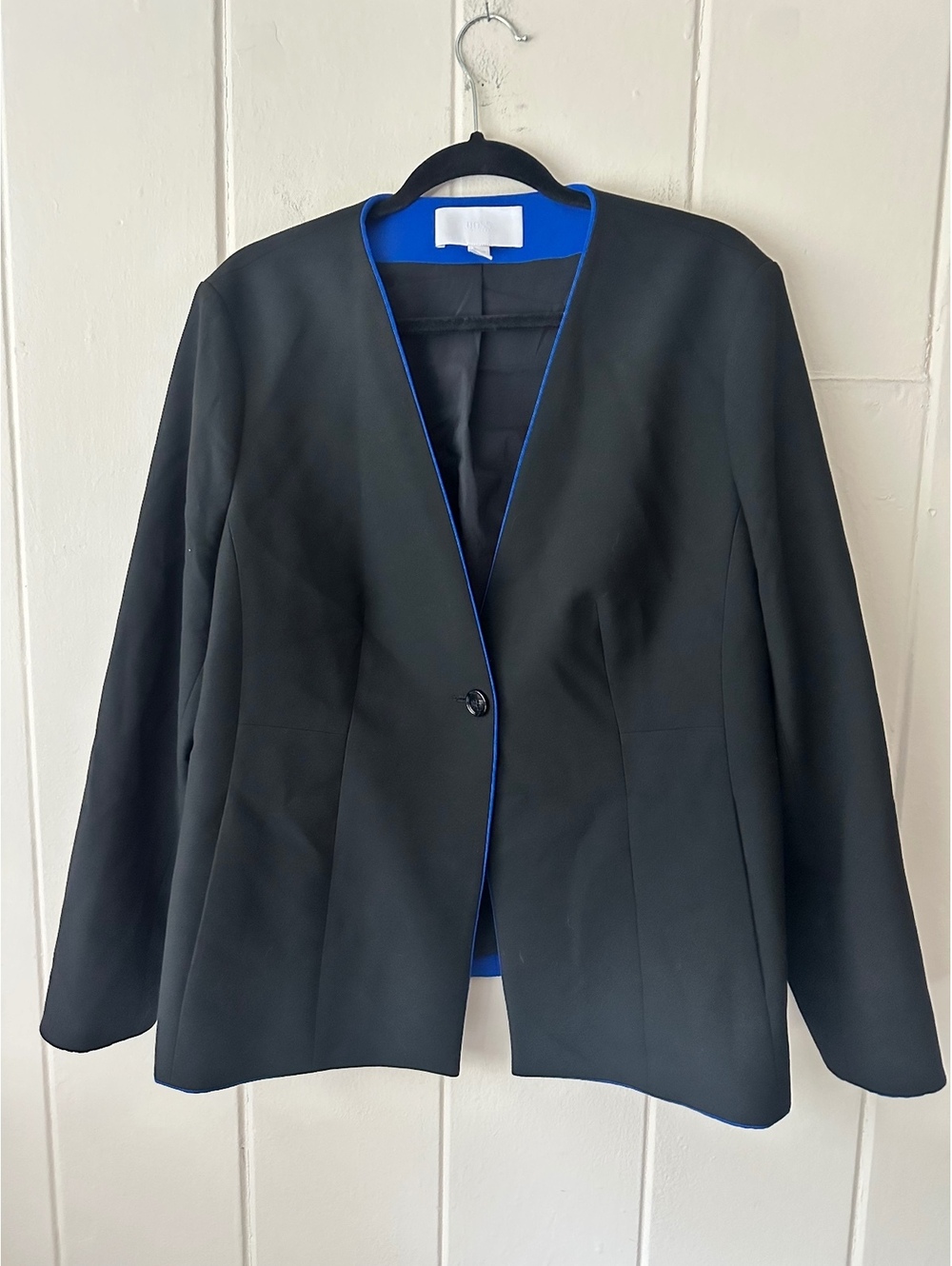 Hugo Boss Jucita Collarless Blazer Black Blue Trim Womens Suiting Jacket Size 14